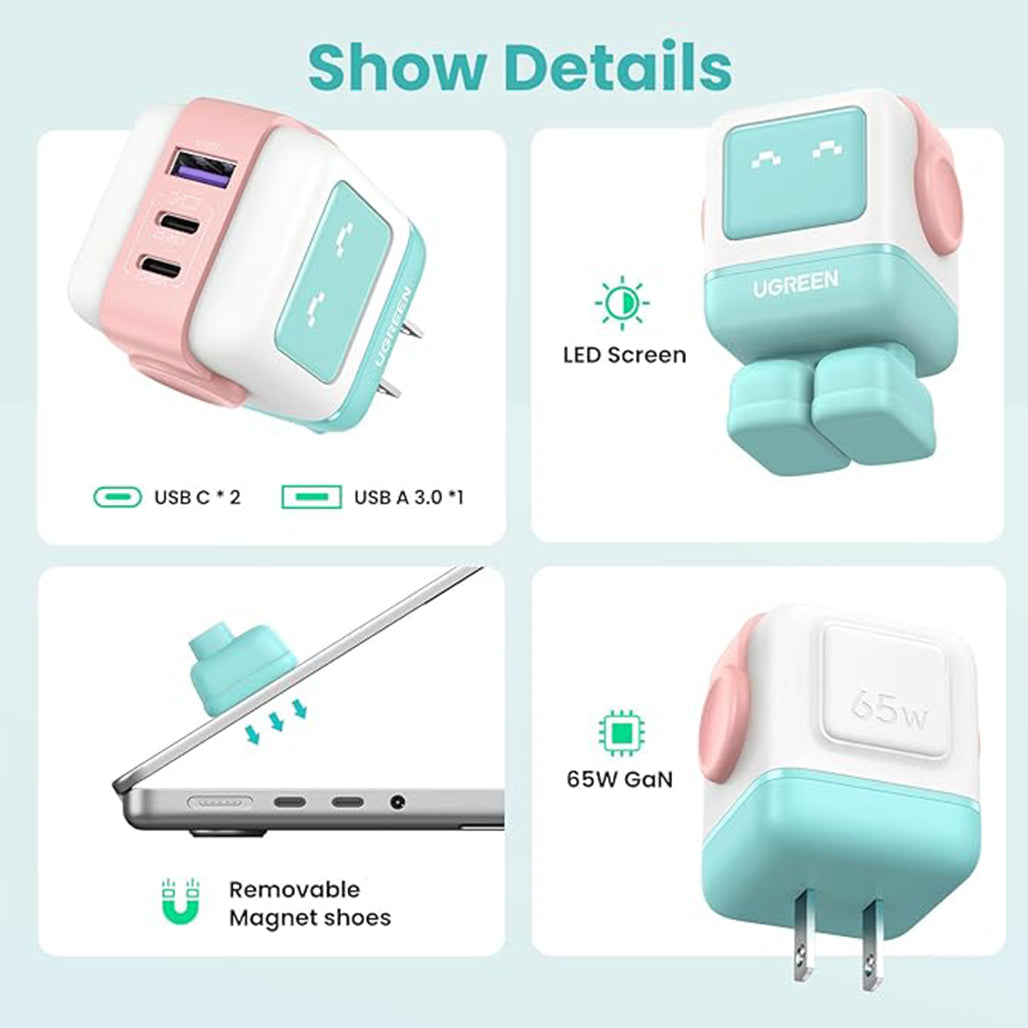 A Photo Of UGREEN Uno 65W GaN USB-C Charger Robot Design 3-Port