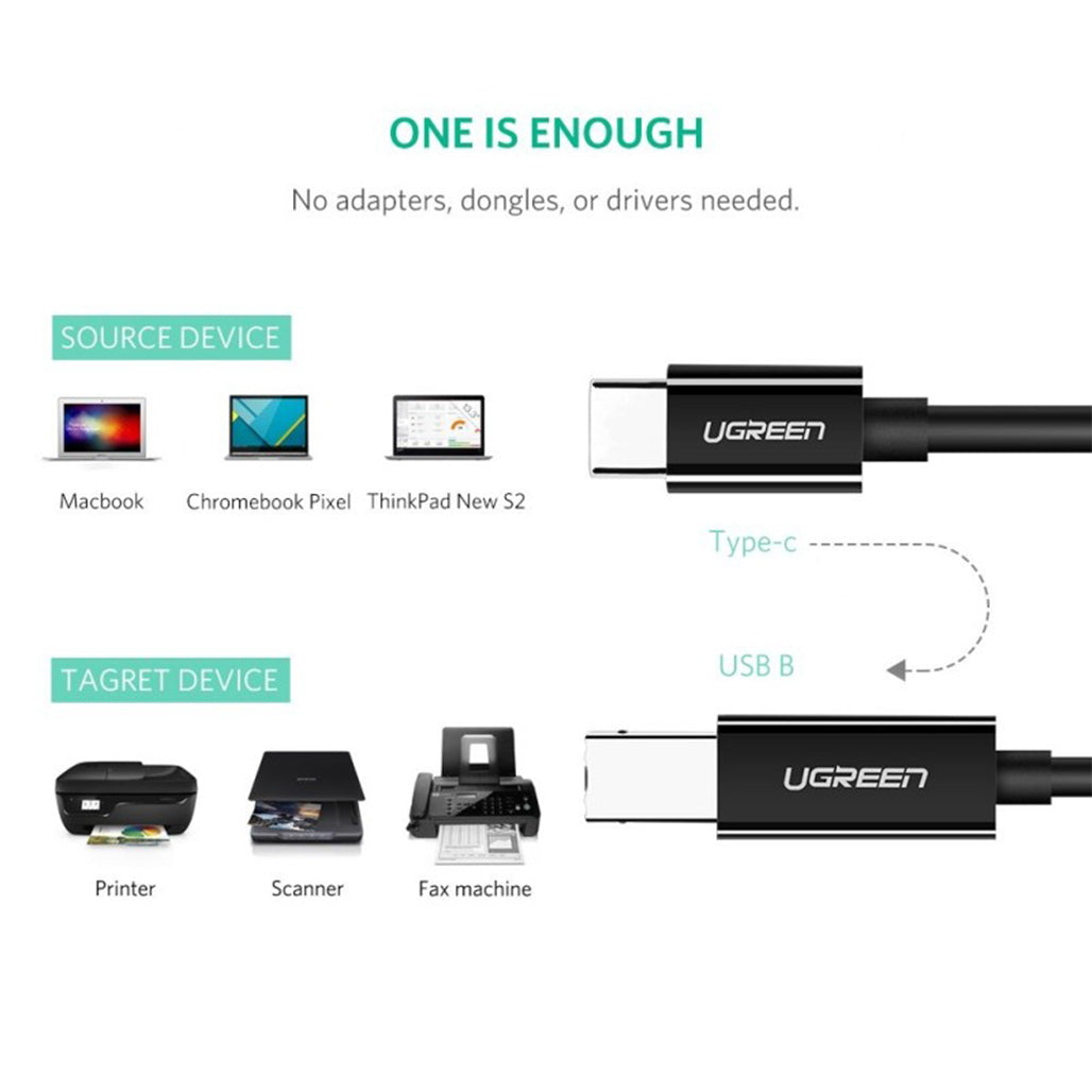 A Photo Of UGREEN USB-C to USB-B Printer Cable 2M – High-Speed, Durable, and Flexible