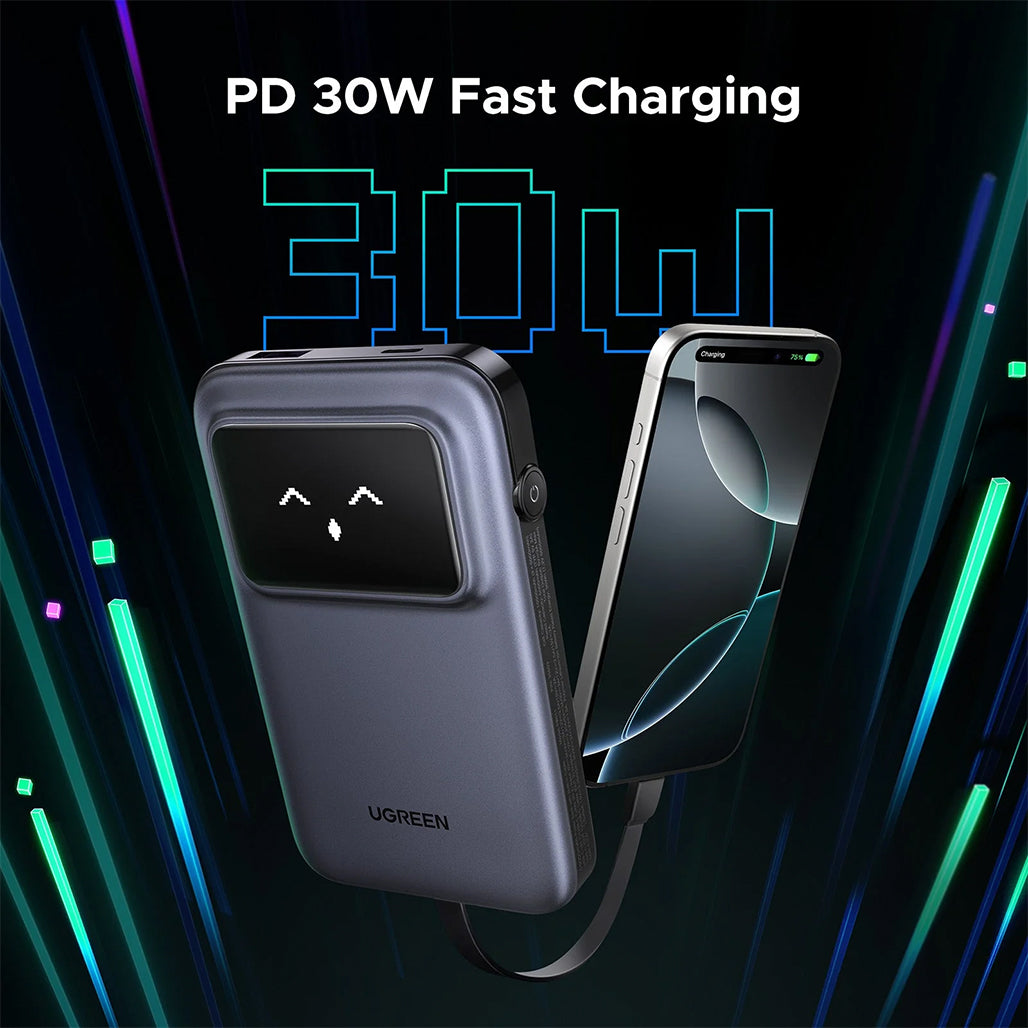 A Photo Of UGREEN Uno 10000mAh Power Bank with 30W Fast Charging | Built-in USB-C Cable, TFT Display