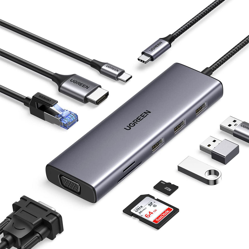A Photo Of UGreen 9-in-1 USB-C Docking Station Hub CM498-15600 | 4K HDMI, 100W PD, USB 3.0, LAN, VGA, SD/TF Card Slots