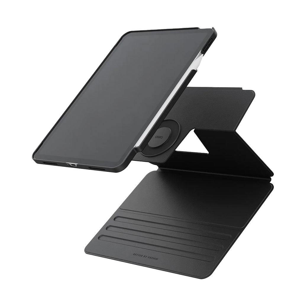 A Photo Of Uniq Rovus SnapMount Magnetic iPad Stand & Case for iPad (A16) - with Built-in Apple Pencil Holder – 360° Rotation & Multi-Angle Viewing