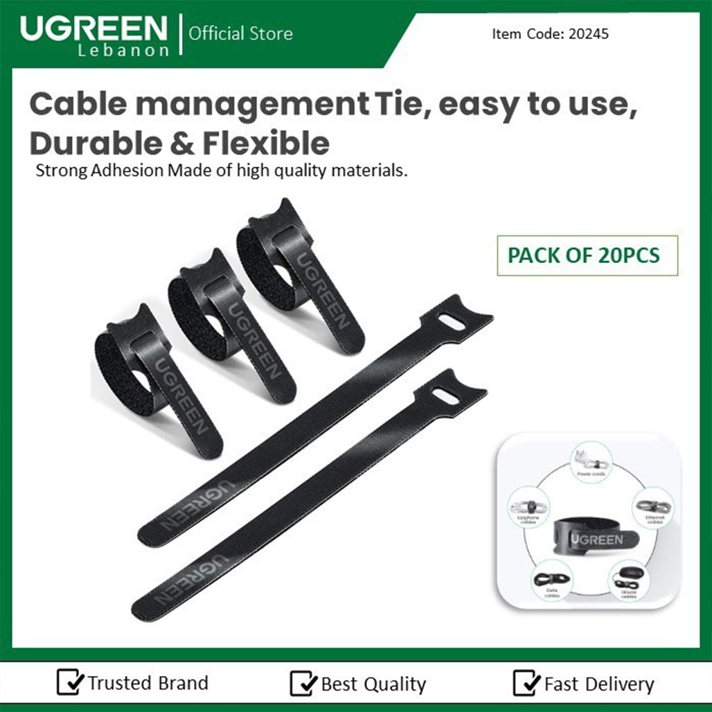 A Photo Of UGREEN 20-Pack Cable Management Tie – 18cm x 1.2cm Hook and Loop, Reusable Nylon Ties for Cable Organization