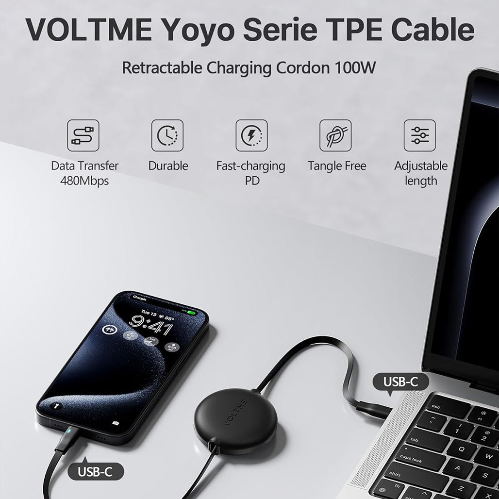 A Photo Of Voltme Powerlink YoYo Retractable USB-C to USB-C Cable 1m – 100W PD 3.0 Fast Charging