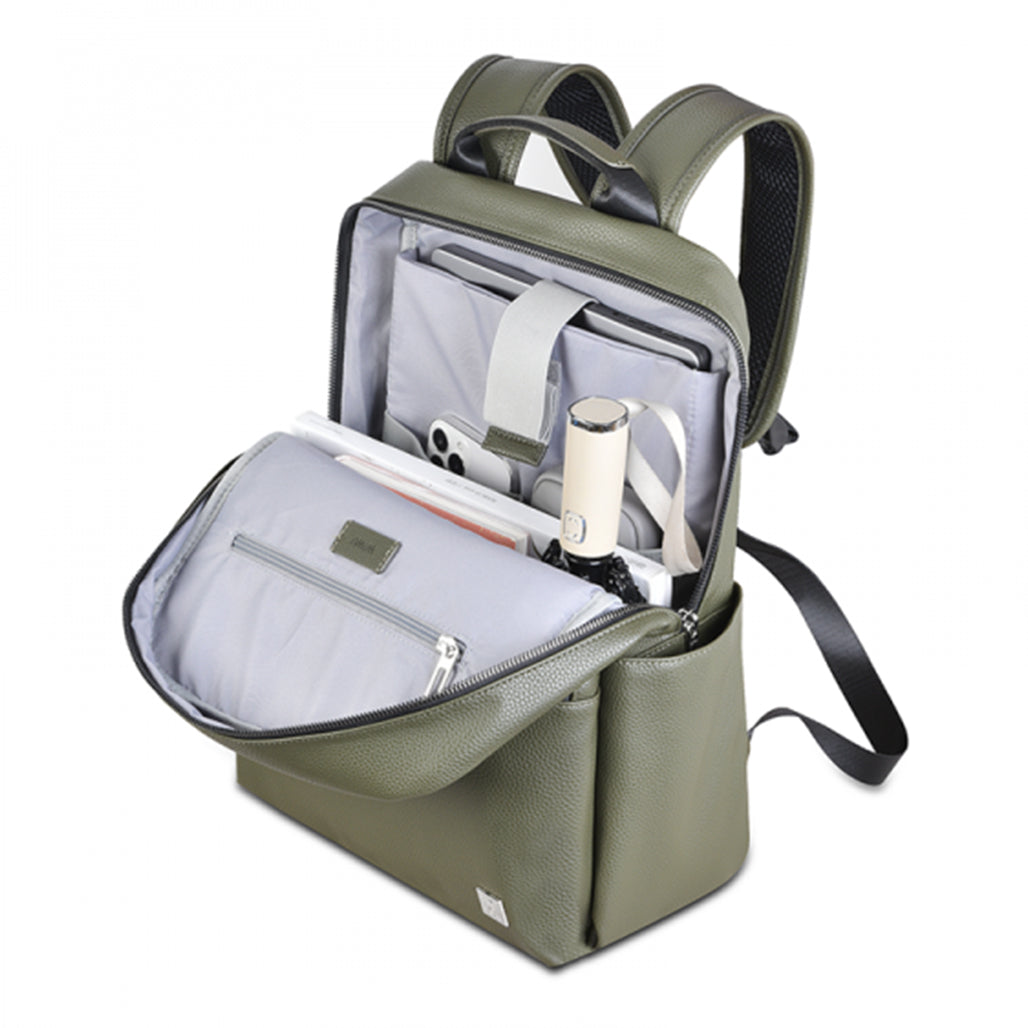 A Photo Of WIWU Osun Mini - PU Leather Backpack Green – Water-Resistant, Lightweight, Multi-Compartment Bag