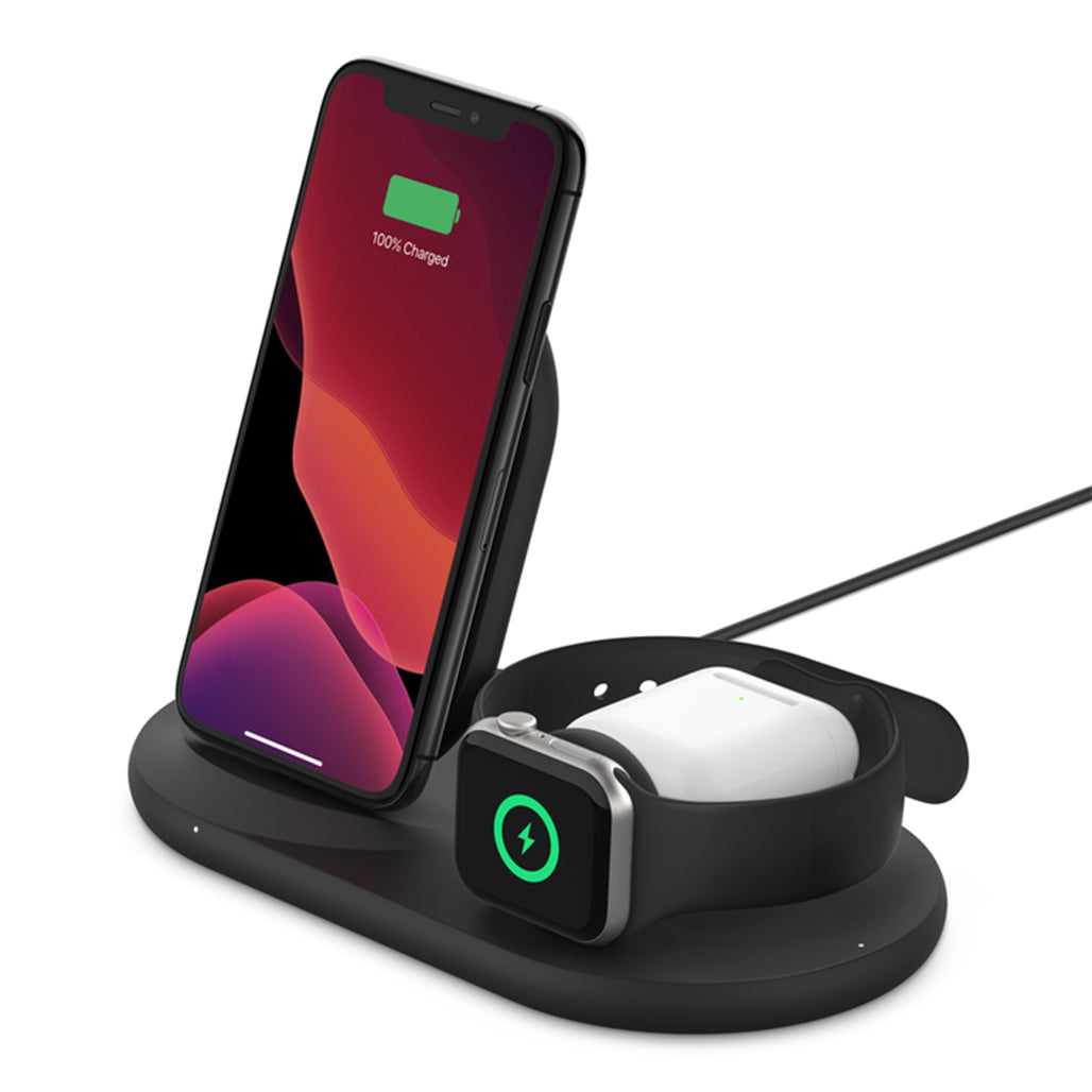A Photo Of Belkin WIZ001myBK BoostCharge 3-in-1 Wireless Charger for Apple - Black