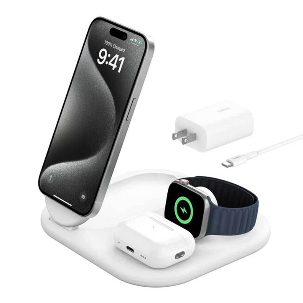 A Photo Of Belkin BoostCharge 3-in-1 Magnetic Foldable Wireless Charging Station with Qi2, 15W Fast Charging for iPhone, Apple Watch & AirPods