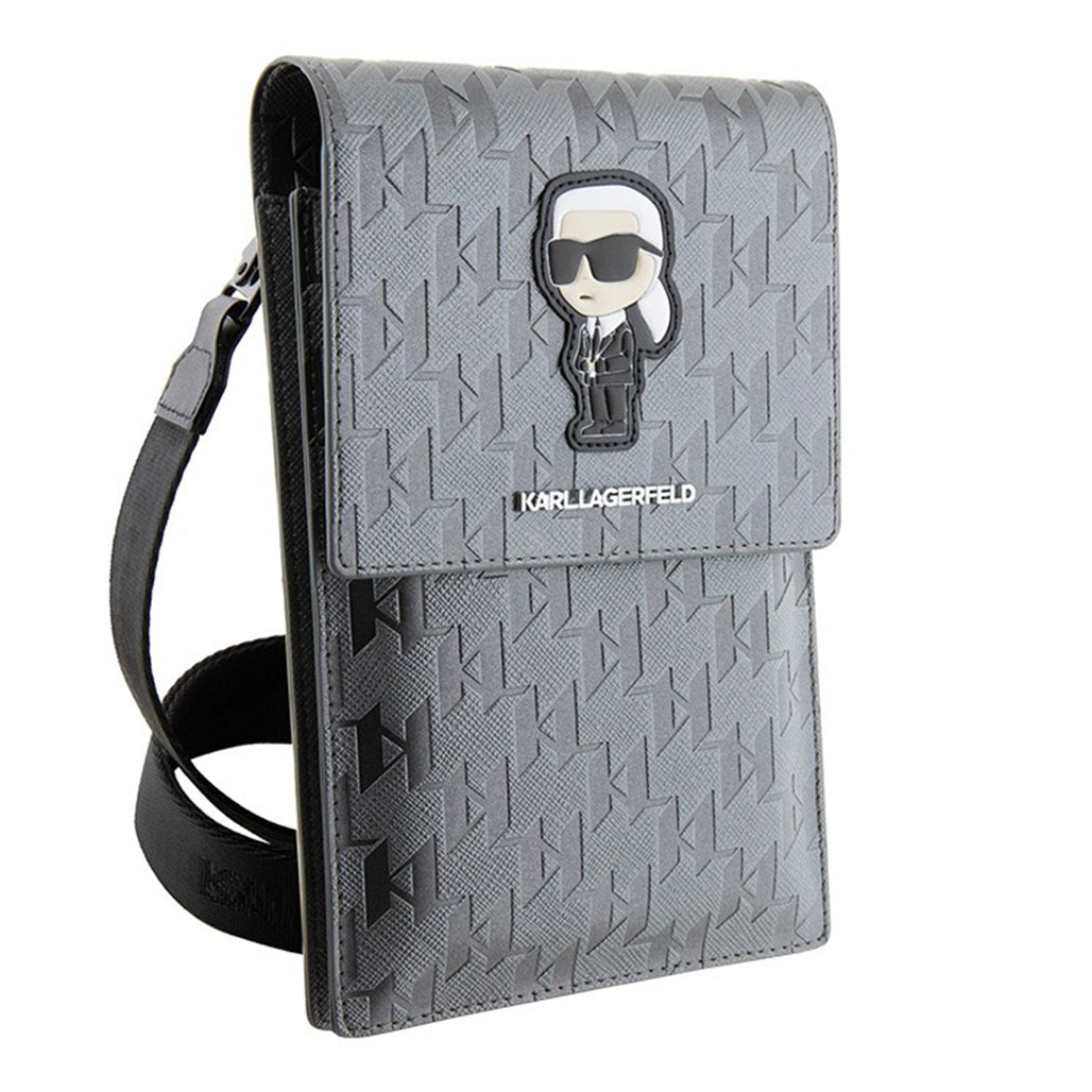 A Photo Of Karl Lagerfeld Monogram Ikonik Wallet Phone Bag – Black ECO Leather Crossbody Purse for Phone, Cards & Essentials