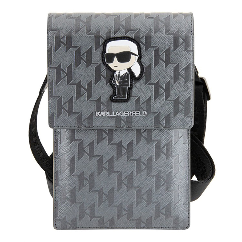 A Photo Of Karl Lagerfeld Monogram Ikonik Wallet Phone Bag – Black ECO Leather Crossbody Purse for Phone, Cards & Essentials