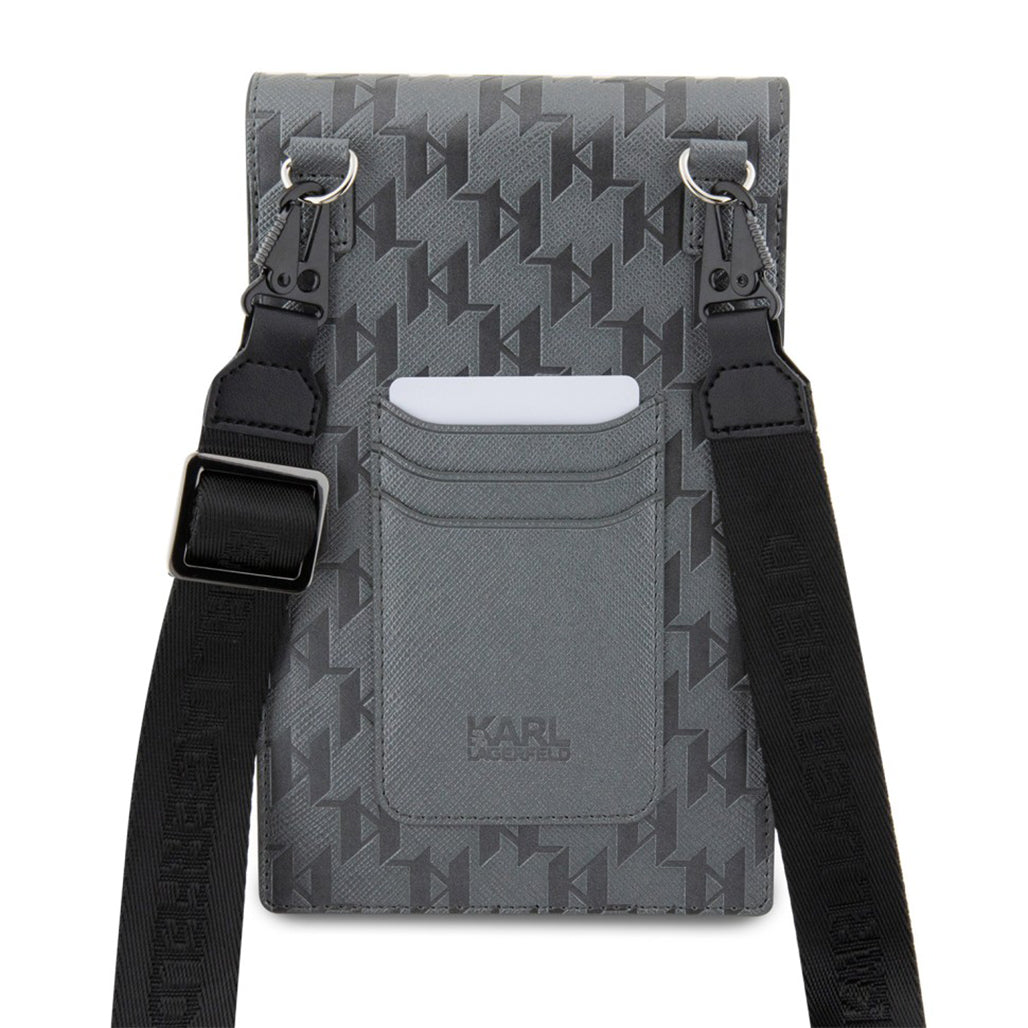 A Photo Of Karl Lagerfeld Monogram Ikonik Wallet Phone Bag – Black ECO Leather Crossbody Purse for Phone, Cards & Essentials