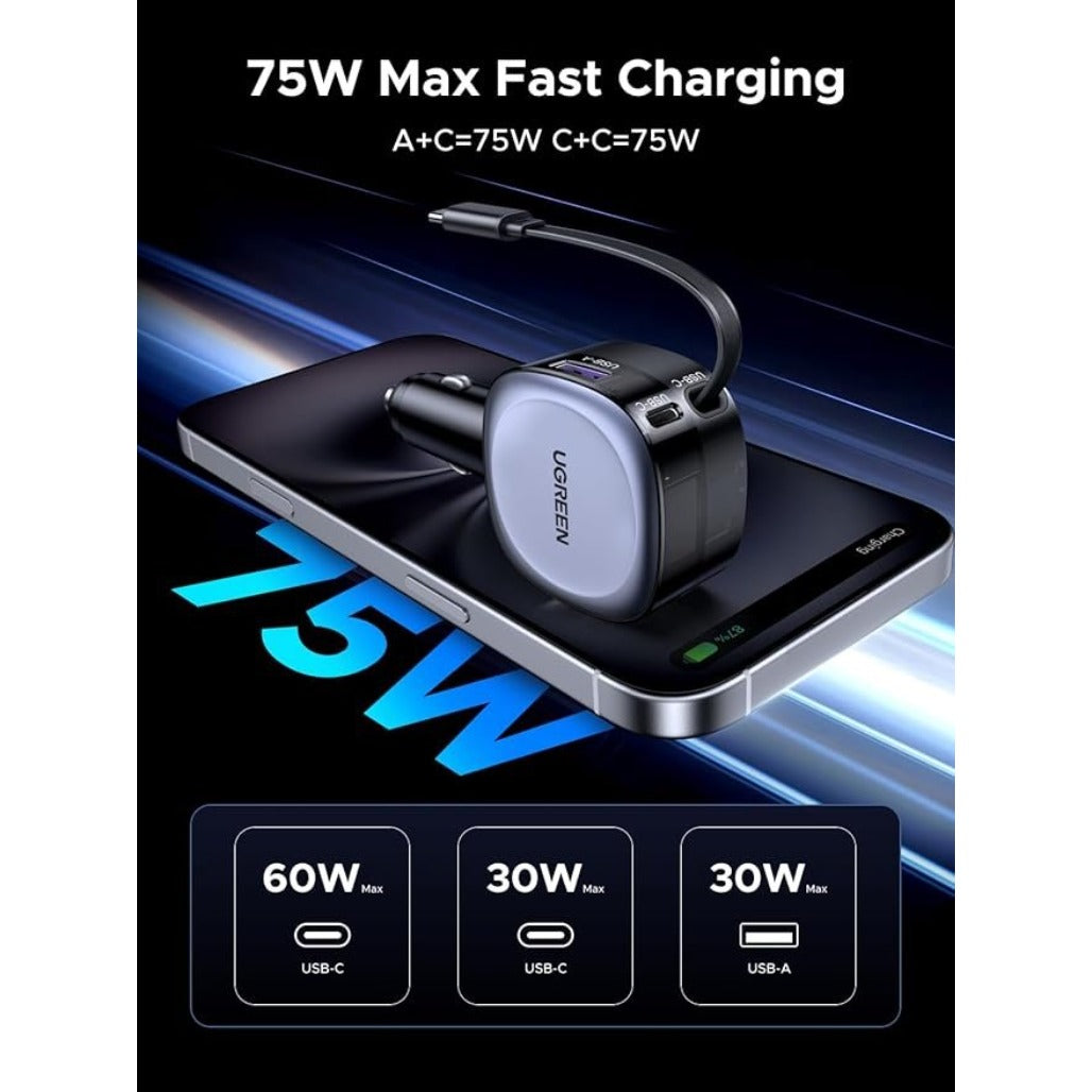 A Photo Of UGREEN 75W Type-C+USB A Car Charger with Type C Retractable Cable - 55653