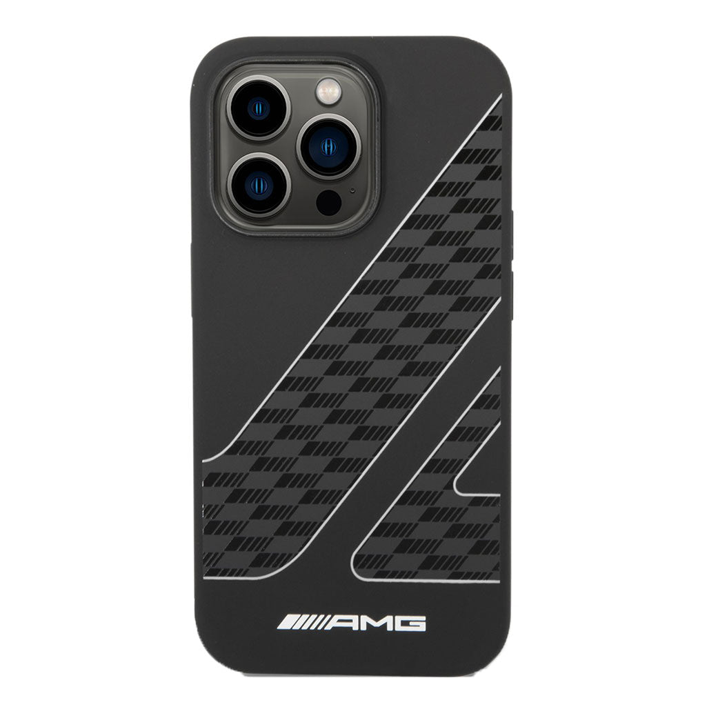 A Photo Of AMG Liquid Silicone Case With Checkered Flag Pattern For iPhone 14 Pro
