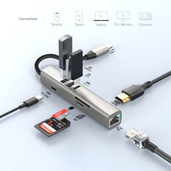 A Photo Of Blupebble C7 Multi Hub - 7-in-1 Aluminum USB-C Hub - BP-C7USBCHUB7IN1-GY-SD26-J