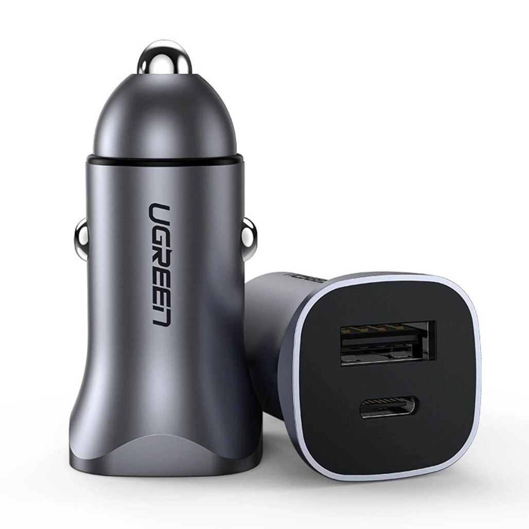 A Photo Of Ugreen 40858 30W USB C Car Charger Dual Port PD3.0 QC3.0 Fast Charging