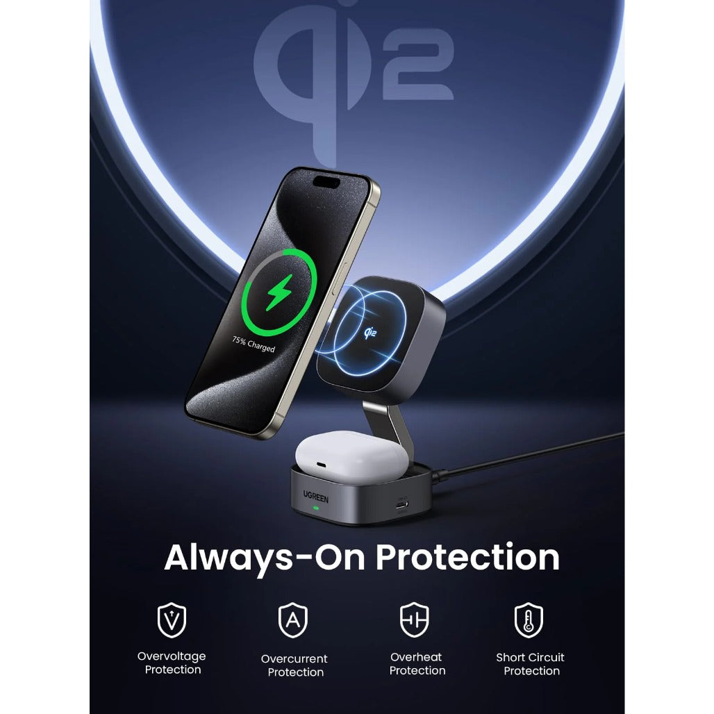 A Photo Of Ugreen 35316 MagFlow 2-in-1 Wireless Charger (Qi2 15W, MagSafe Compatible, Foldable)