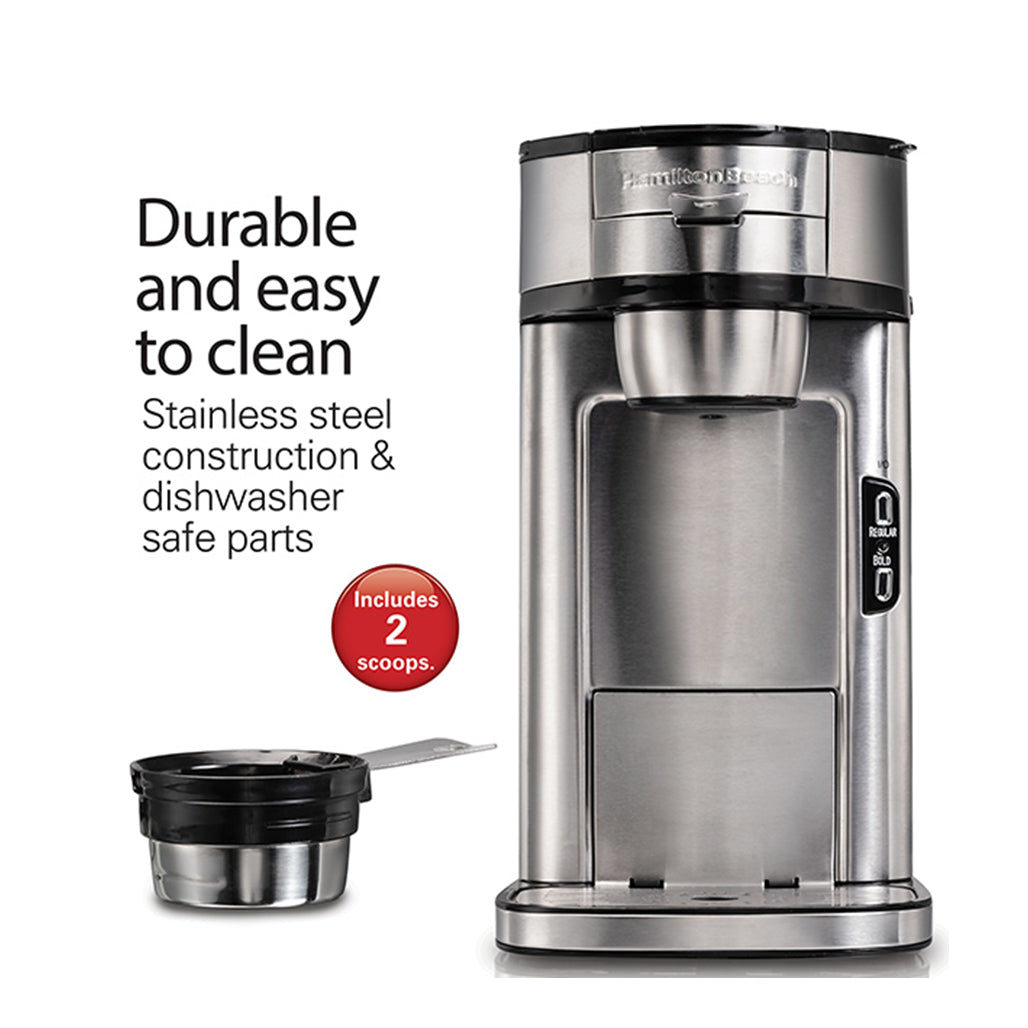 A Photo Of Hamilton Beach Single Serve Coffee Maker 410ml – Pod-Free Coffee Machine with Built-In Scoop Filter ; Auto Shutoff
