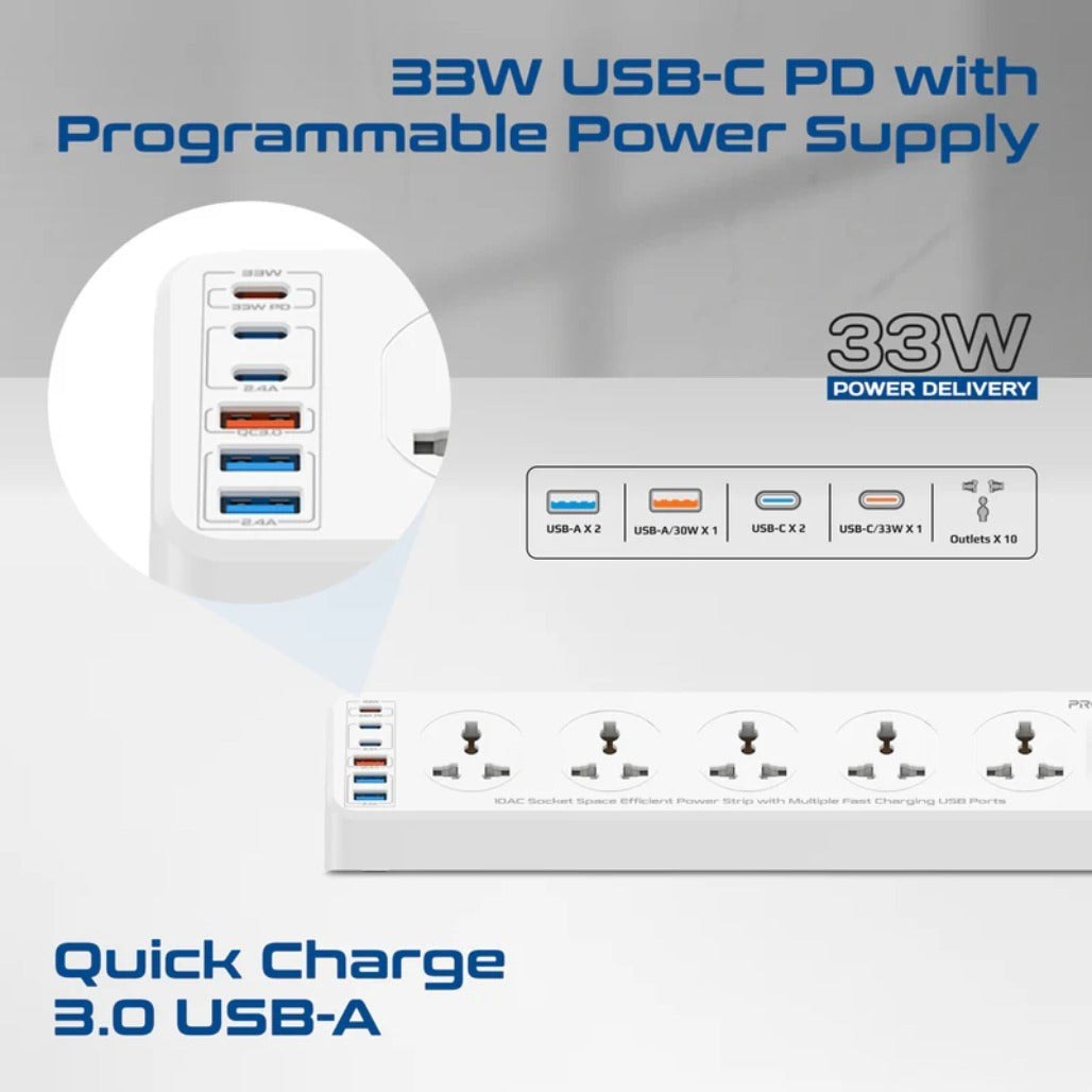 A Photo Of Promate PowerMatrix2-5M - 10AC Socket Space Efficient Power Strip with Multiple Fast Charging USB Ports