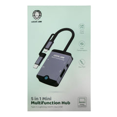 A Photo Of Green Lion 5-in-1 Multifunction Hub | Type-C, Lightning, SD/TF, AUX, USB - GN5IN1MINIHBBK