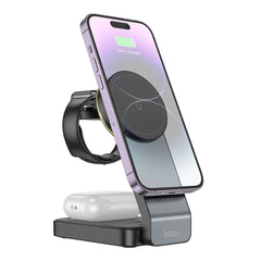 A Photo Of Hoco CQ3 15W Motorcycle Folding 3in1 Magnetic Fast Wireless Charger for Apple