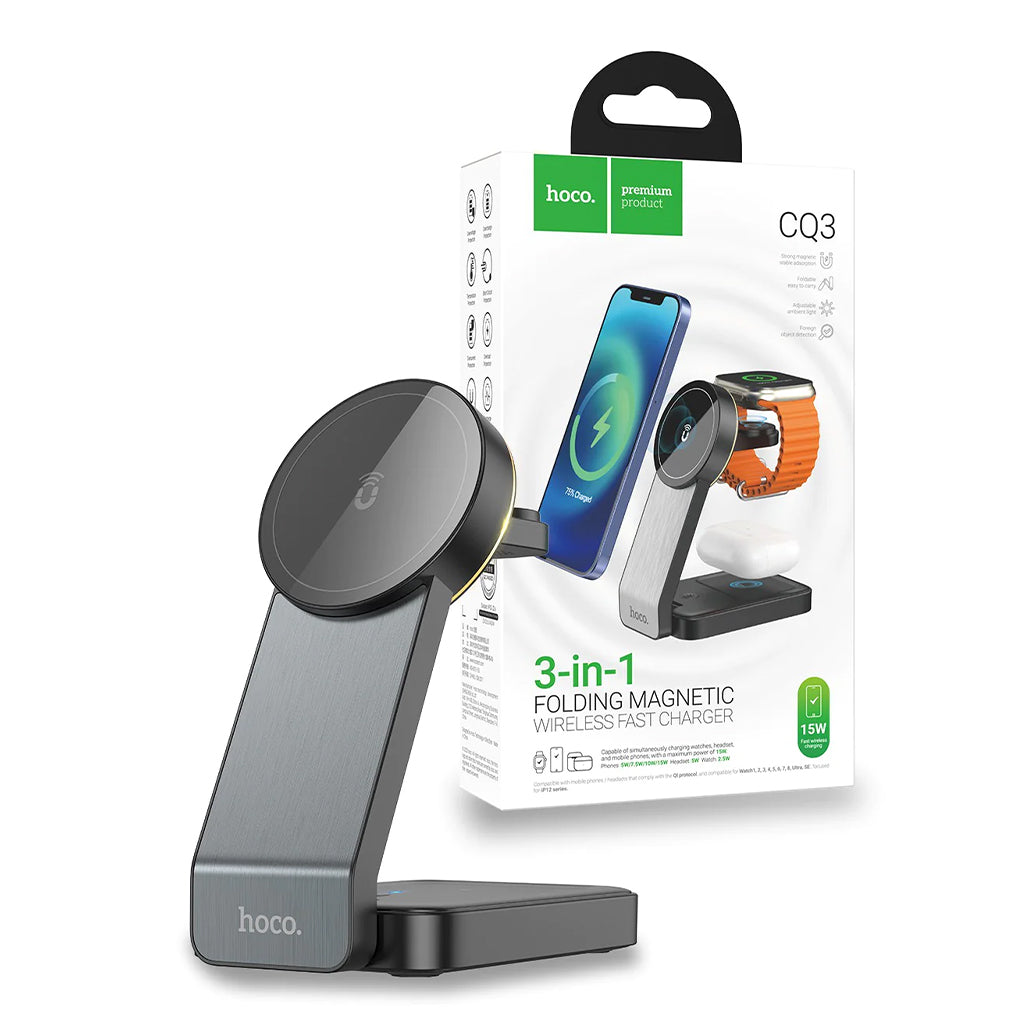 A Photo Of Hoco CQ3 15W Motorcycle Folding 3in1 Magnetic Fast Wireless Charger for Apple