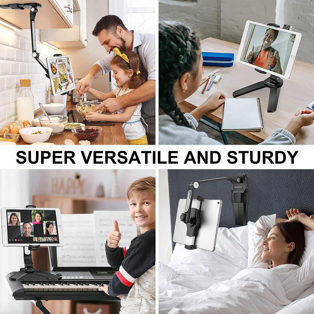 A Photo Of AboveTek Kitchen Tablet Stand - Adjustable 360° Mount with Camera Adapter for iPad, iPhone, and More