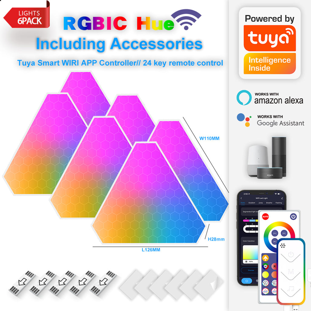A Photo Of Smart Triangular Quantum Light LXQG06 - 6-Pack DIY LED Light Panels with Music Sync, APP & Remote Control