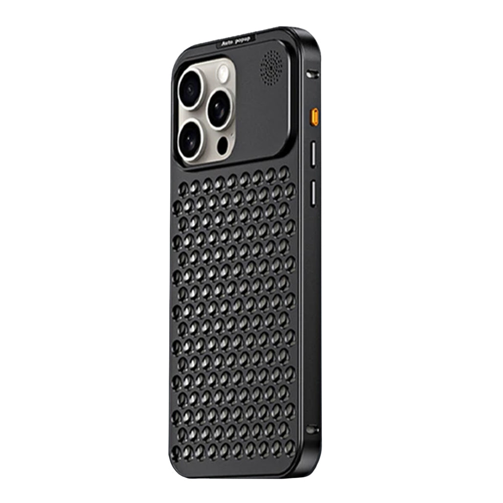 A Photo Of Metallic Alloy Shockproof Cooling Hybrid Case for iPhone 15 Pro Max - Black