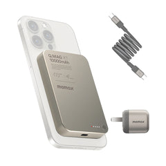 A Photo Of Momax Charger Ensemble – Q.Mag X 10 000mAh Magnetic Wireless Battery Pack + 60W USB-C Magnetic Cable + 30W GaN Charger