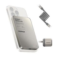A Photo Of Momax Charger Ensemble – Q.Mag X 5000mAh Magnetic Wireless Battery Pack + 60W USB-C Magnetic Cable + 30W GaN Charger