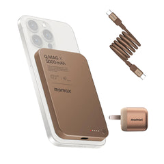 A Photo Of Momax Charger Ensemble – Q.Mag X 5000mAh Magnetic Wireless Battery Pack + 60W USB-C Magnetic Cable + 30W GaN Charger