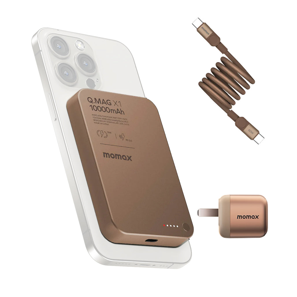 A Photo Of Momax Charger Ensemble – Q.Mag X 10 000mAh Magnetic Wireless Battery Pack + 60W USB-C Magnetic Cable + 30W GaN Charger