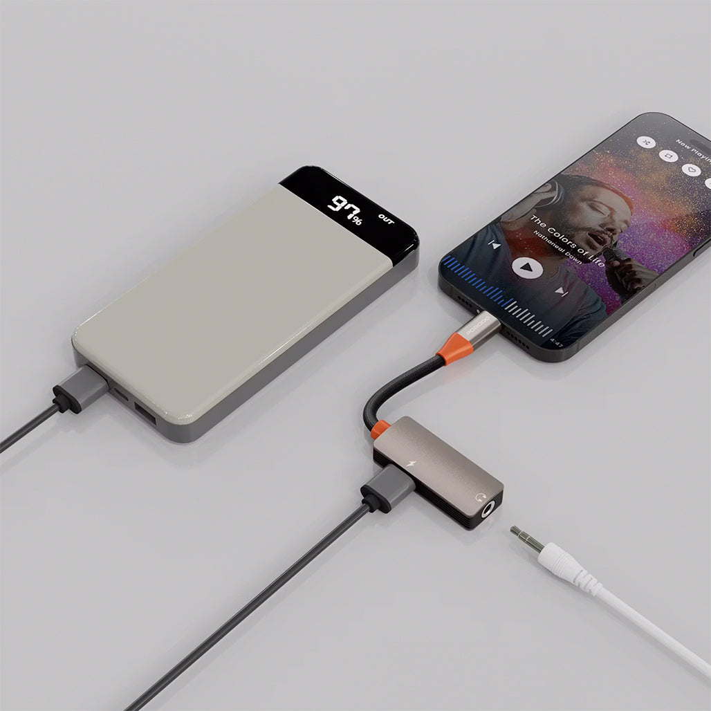 A Photo Of Porodo AudioLink Duo Lightning & 3.5mm Jack Splitter