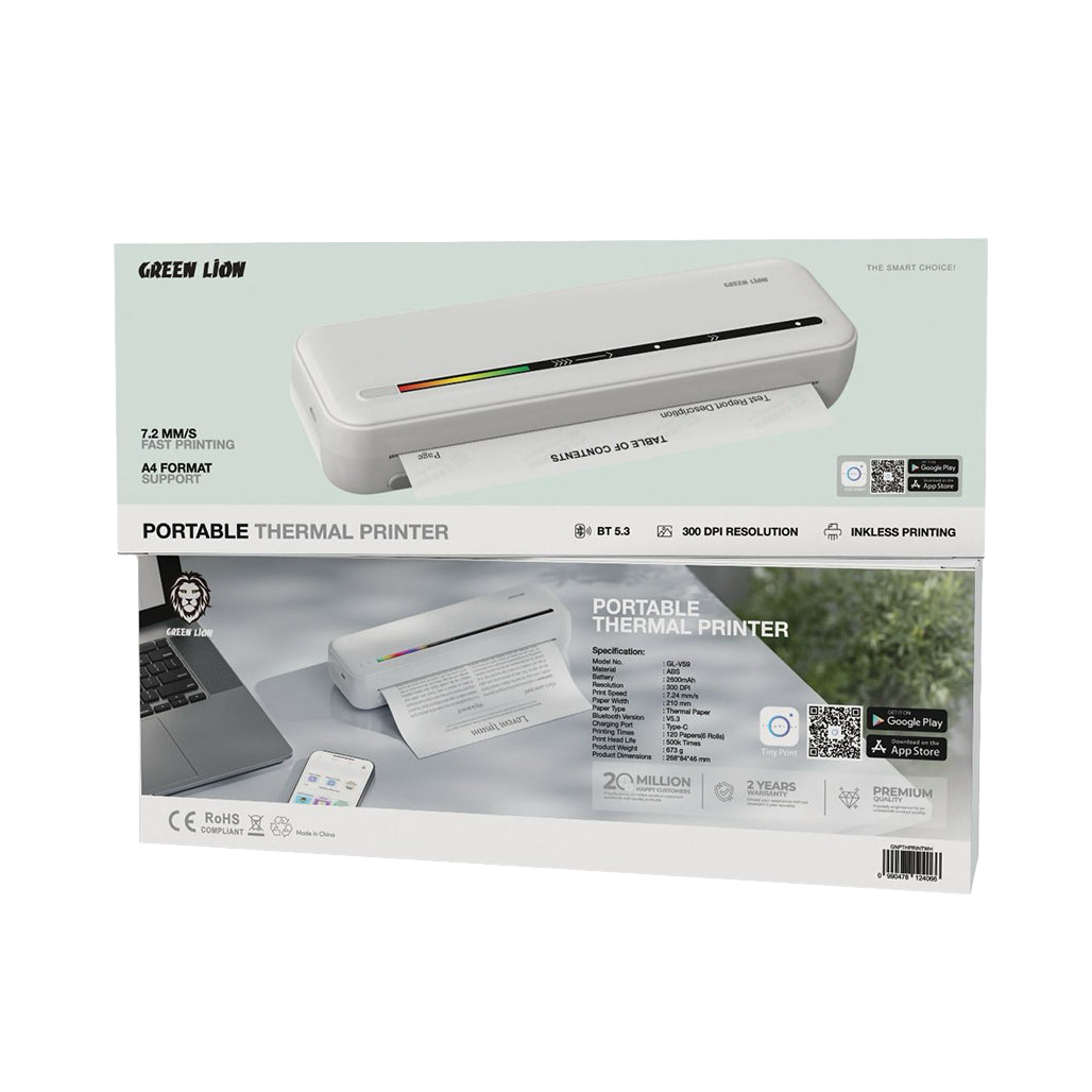 A Photo Of Green Lion Portable Thermal Printer – Inkless 300 DPI Bluetooth 5.3, Rechargeable Mini Printer