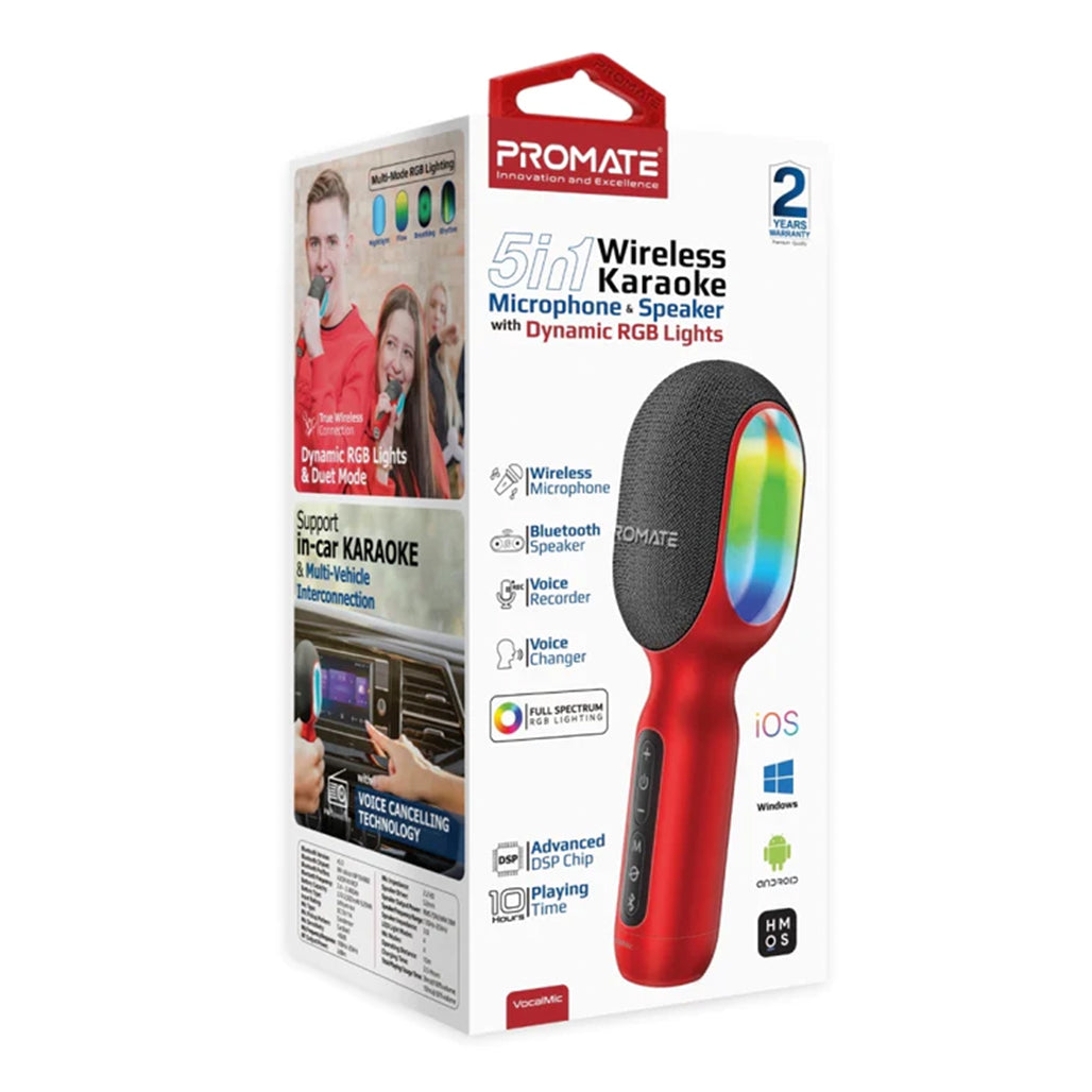 A Photo Of Promate VocalMic 5-in-1 Wireless Karaoke Microphone & Speaker - Red