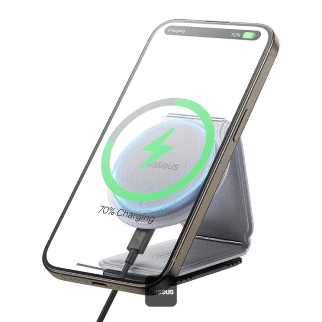 A Photo Of Baseus C02 PrimeTrip Magnetic Wireless Charging Car Phone Holder - 15W Qi2 MagSafe, Foldable Dashboard Mount, 360° Adjustable, Gray