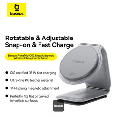 A Photo Of Baseus C02 PrimeTrip Magnetic Wireless Charging Car Phone Holder - 15W Qi2 MagSafe, Foldable Dashboard Mount, 360° Adjustable, Gray