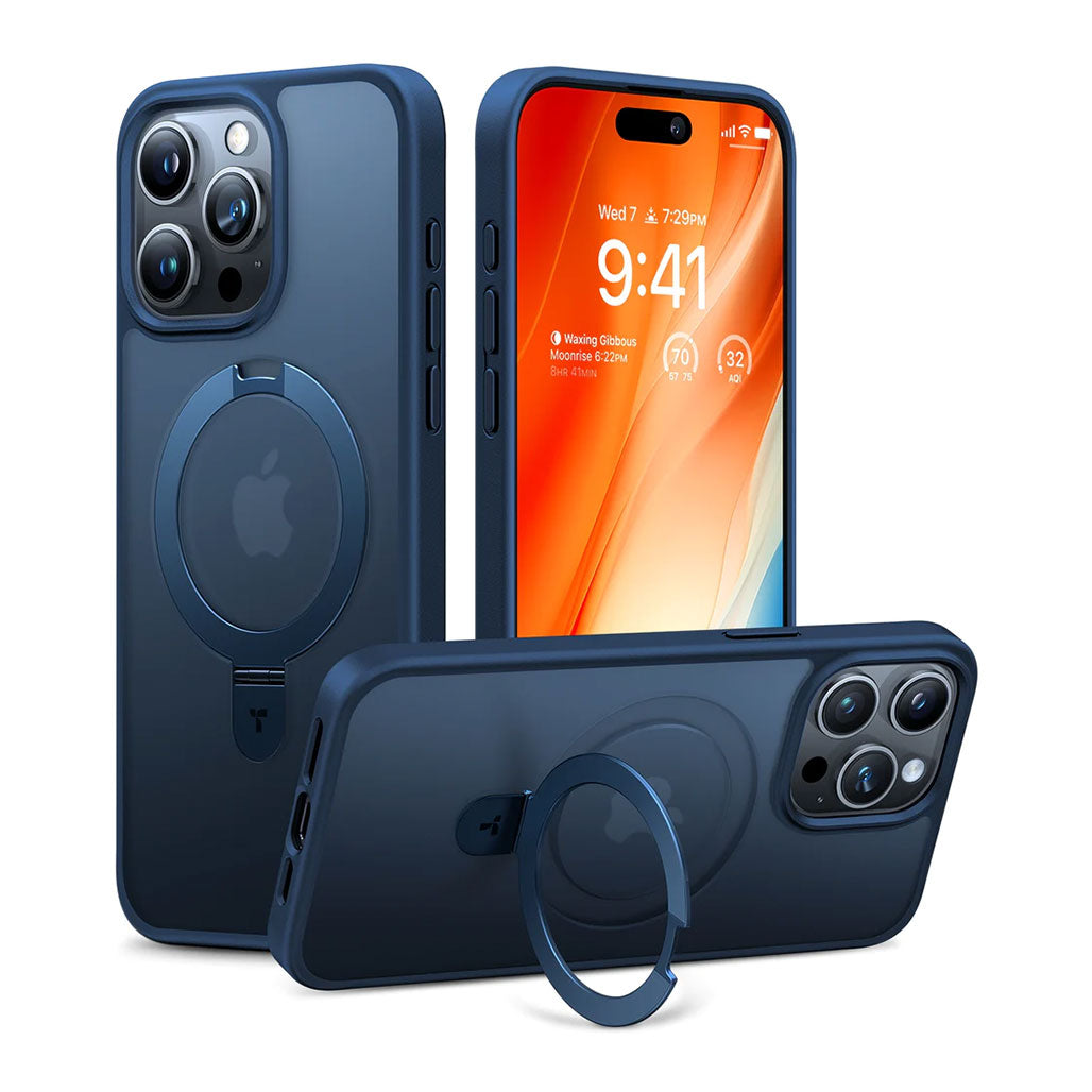 A Photo Of Torras UPRO Ostand Blue MagSafe Case for iPhone 15 Pro Max – Adjustable Kickstand with Military-Grade Protection and Enhanced Charging