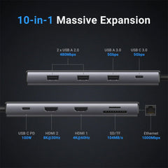 A Photo Of UGreen 10-in-1 USB-C Multifunction Adapter with Dual HDMI, USB Ports, and Power Delivery