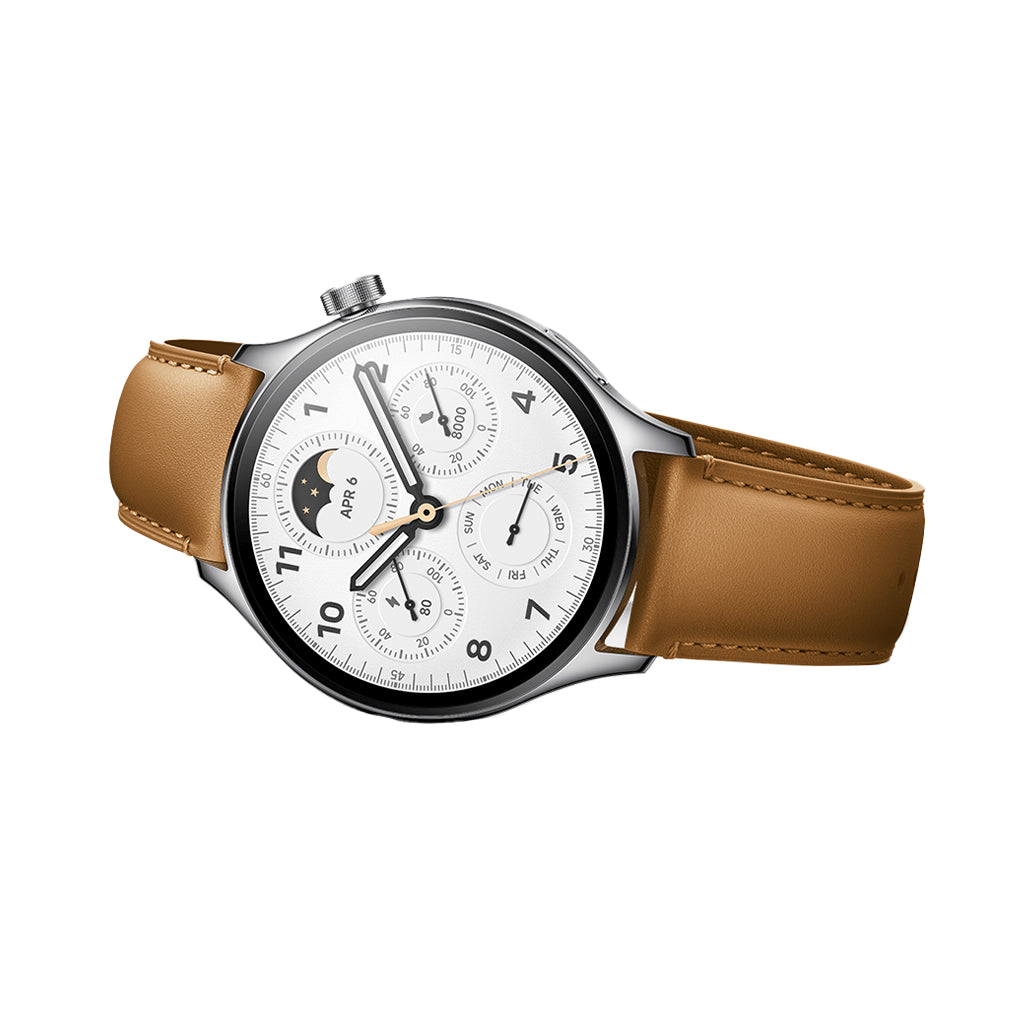 A Photo Of Xiaomi Watch S1 Pro - Silver Stainless Steel Case with Brown Leather Strap