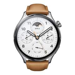 A Photo Of Xiaomi Watch S1 Pro - Silver Stainless Steel Case with Brown Leather Strap
