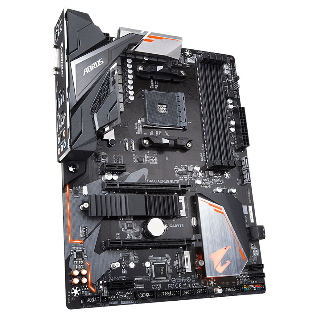 A Photo Of Gigabyte B450 Aorus ELITE (rev. 1.1) AM4 Motherboard - Efficient ATX Board with DDR4, PCIe 3.0, and Multi-Graphics Support