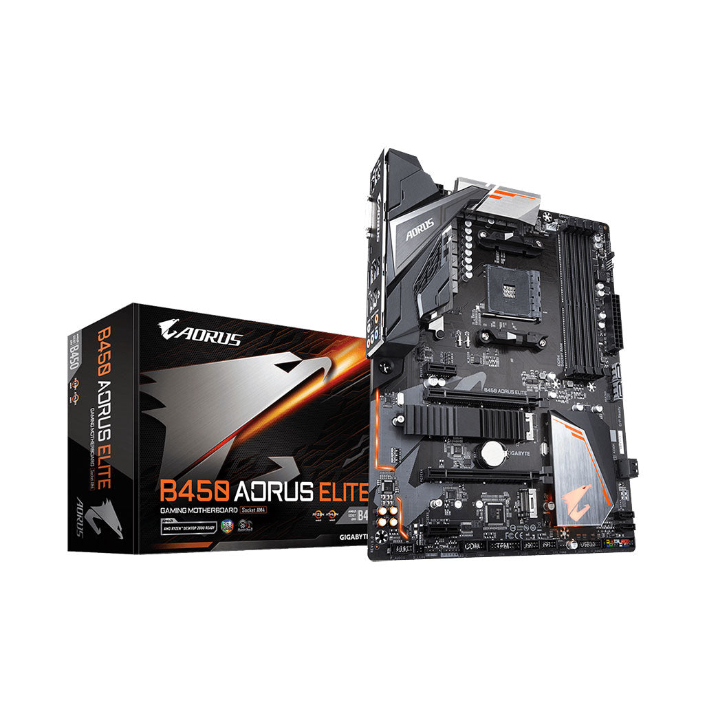 A Photo Of Gigabyte B450 Aorus ELITE (rev. 1.1) AM4 Motherboard - Efficient ATX Board with DDR4, PCIe 3.0, and Multi-Graphics Support