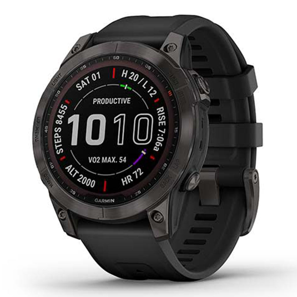 A Photo Of Garmin FĒNIX 7 Sapphire Solar - Carbon Grey Titanium With Black Band