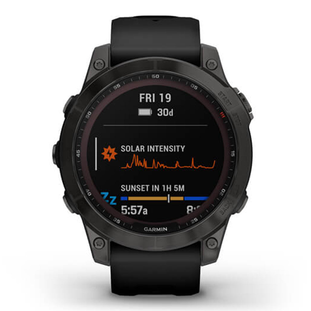 A Photo Of Garmin FĒNIX 7 Sapphire Solar - Carbon Grey Titanium With Black Band