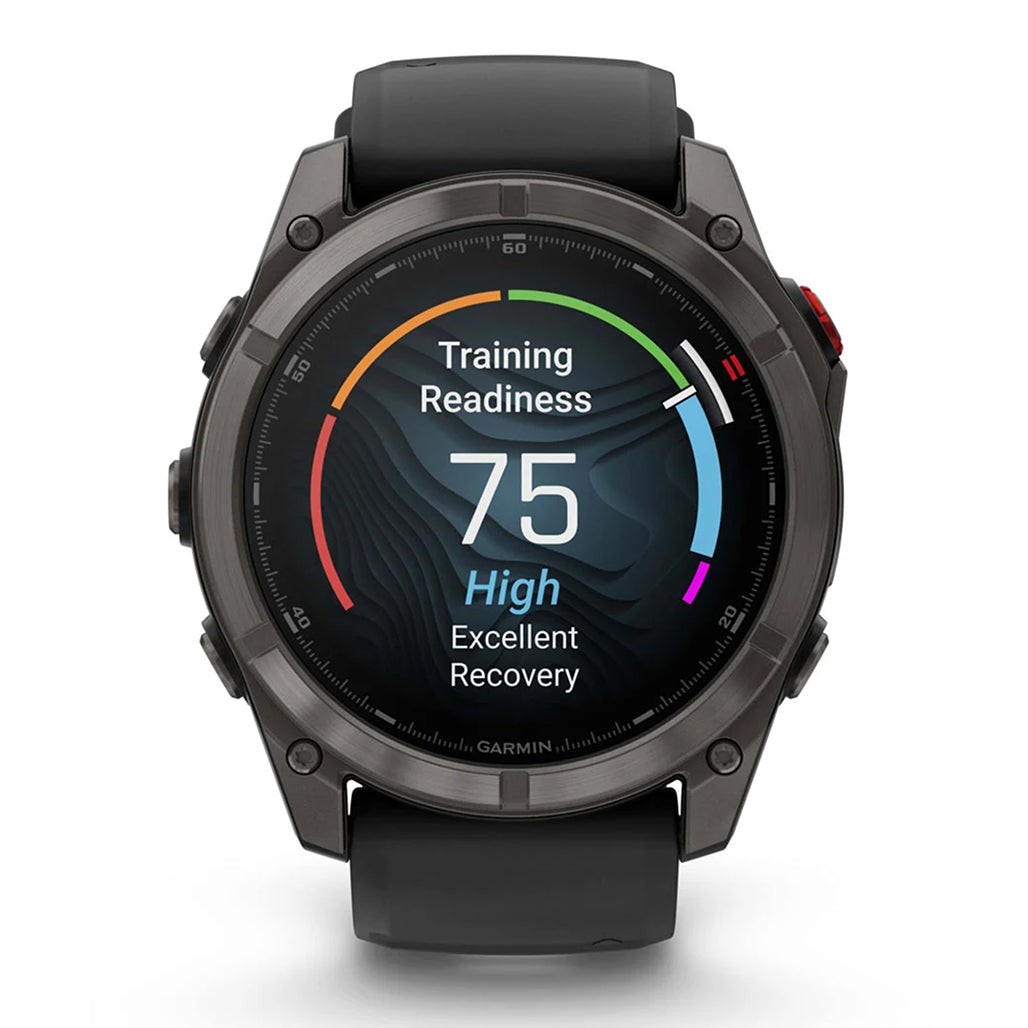 A Photo Of Garmin fēnix® 8 Pro – 51 mm, Amoled - Sapphire, Carbon Gray DLC Titanium with Black/Pebble Gray Silicone Band
