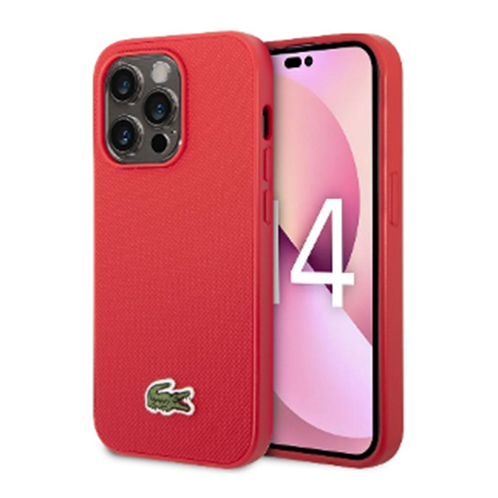 A Photo Of Lacoste Hard Case Iconic Petit Pique PU Woven Logo Estragon for iPhone 14 Pro