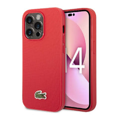 A Photo Of Lacoste Hard Case Iconic Petit Pique PU Woven Logo Estragon for iPhone 14 Pro