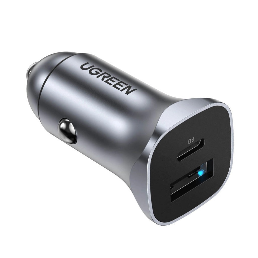 A Photo Of Ugreen 40858 30W USB C Car Charger Dual Port PD3.0 QC3.0 Fast Charging