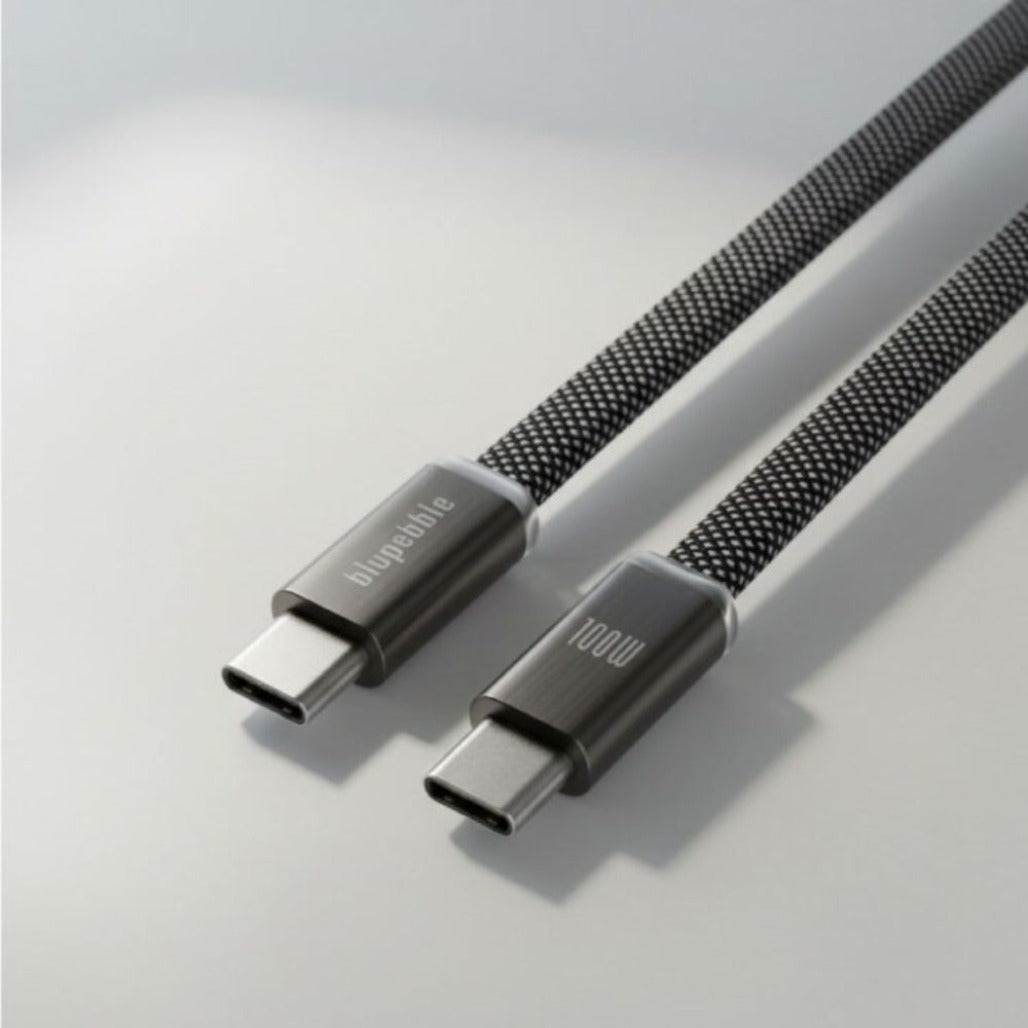 A Photo Of Blupebble POWERFLOW PD USB-C to USB-C Charge & Sync Flat Braided Cable - BP-PFFLAT1.2M100W-GY-SD26-J