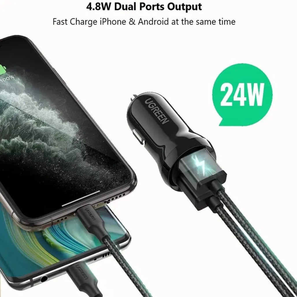 A Photo Of Ugreen 24W Dual USB Car Charger 4.8A Fast Charging Adapter