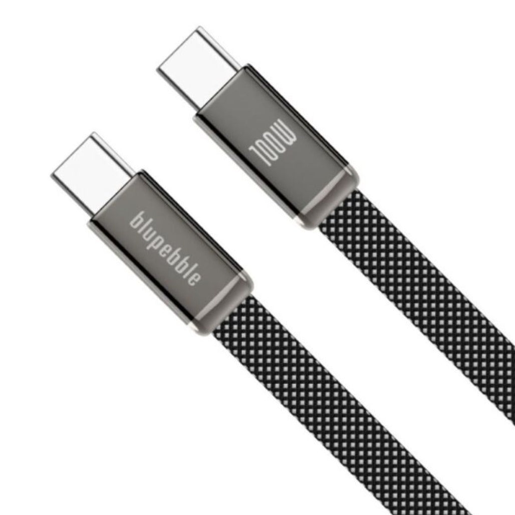 A Photo Of Blupebble POWERFLOW PD USB-C to USB-C Charge & Sync Flat Braided Cable - BP-PFFLAT1.2M100W-GY-SD26-J